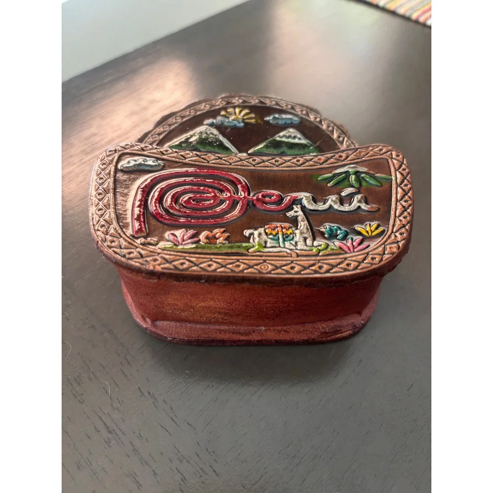 Vintage Peru Hand Painted Tooled Leather Coaster Set of 6 Machu Picchu Cusco